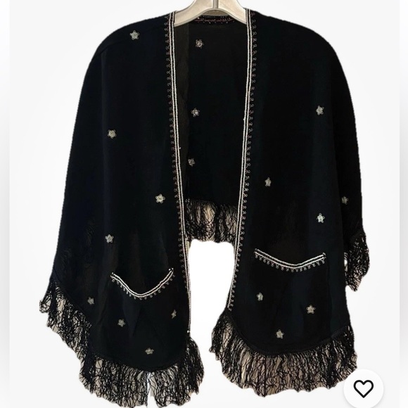 Source Unknown Jackets & Blazers - Vintage 1970s Black Embroidered Fringe Shawl Draped Wrap